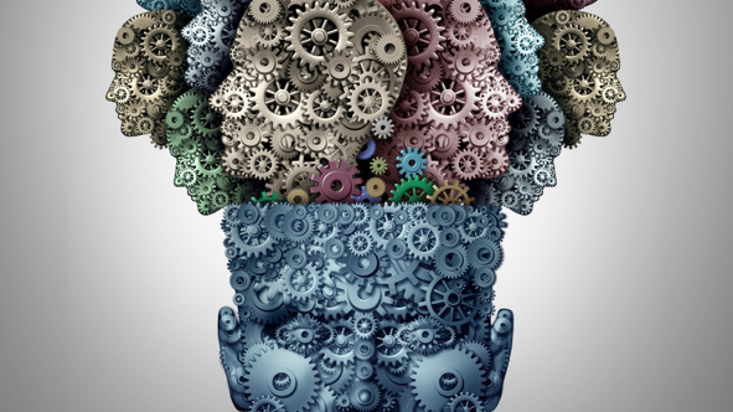 Human head with several brain visualizations