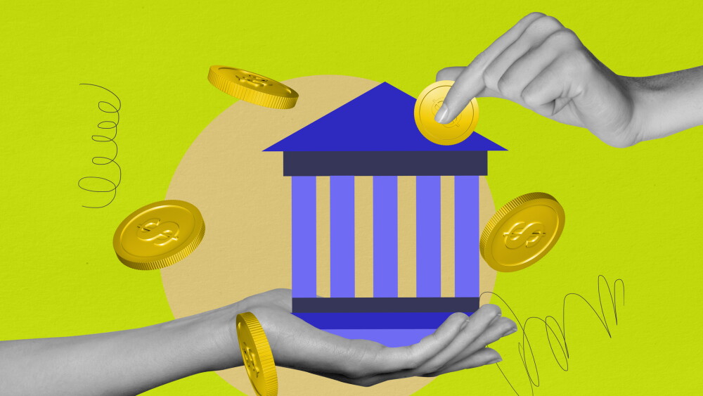 Trend artwork banner sketch photo collage of two hand hold bank building collect coins finance income rich money success business trader.