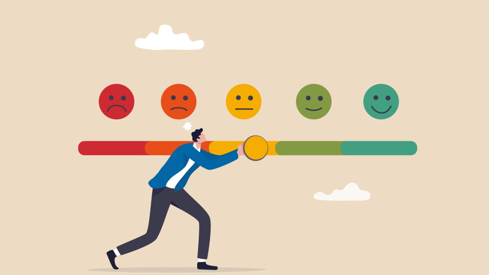 Customer feedback giving rating based on experience or quality from product and service, survey, opinion and review to evaluate result, man trying to push customer feedback bar to be excellent smile.