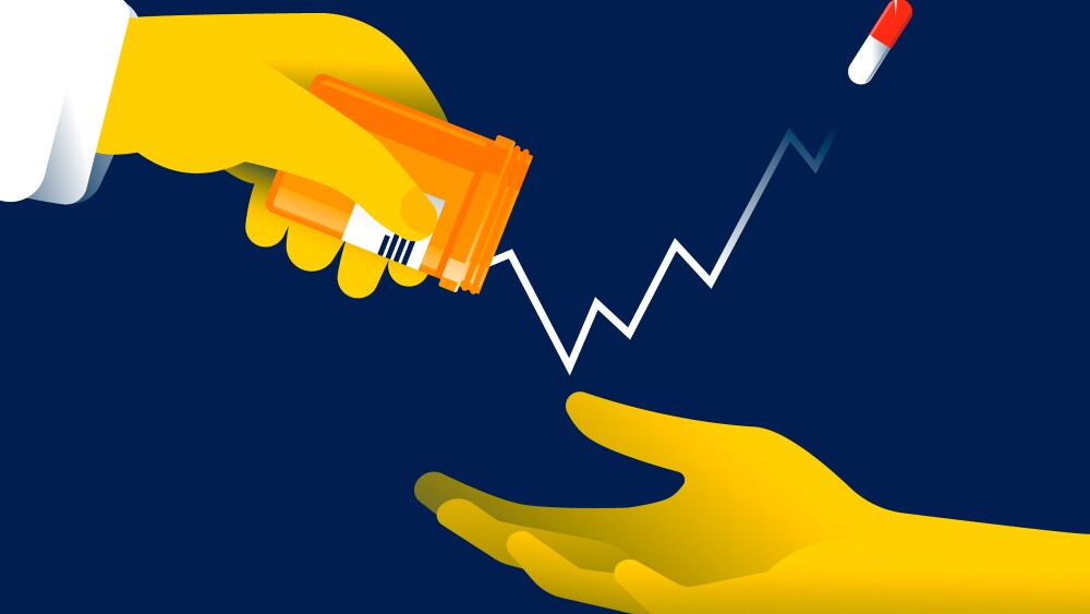 Pill coming out of jar forms a price increase graph. Cost of drugs on the rise. Healthcare costs and the high price of quality health care insurance concept. The cost of pills and tablets increasing. Vector illustration
