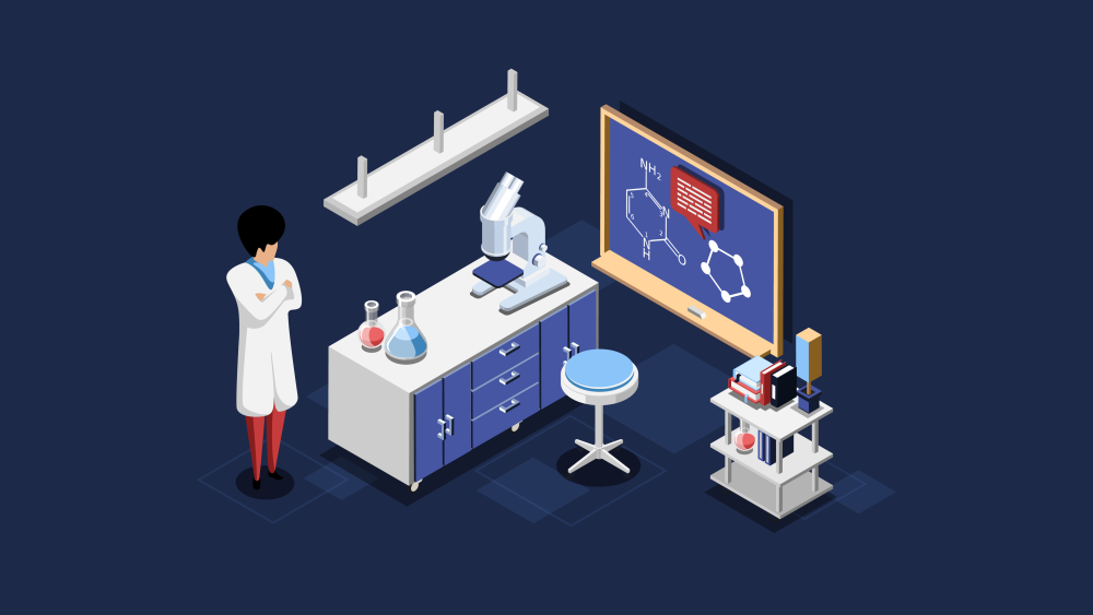 A cartoon of a scientist standing in a laboratory, next to a microscope and flasks