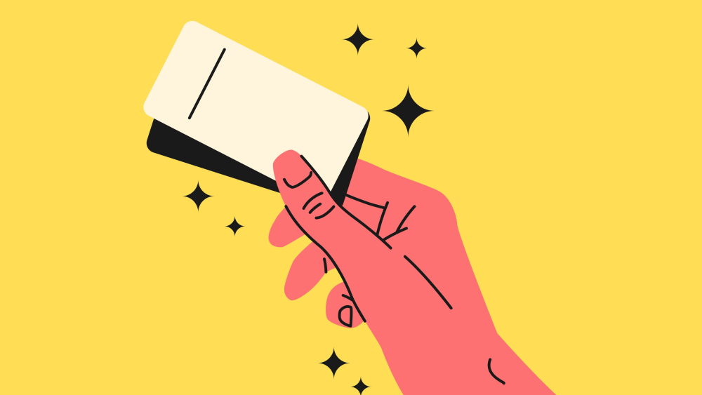Buying tickets. The hands of the person holding the tickets. Isolated illustration on a yellow background. Template for the design. Trending vector graphics.