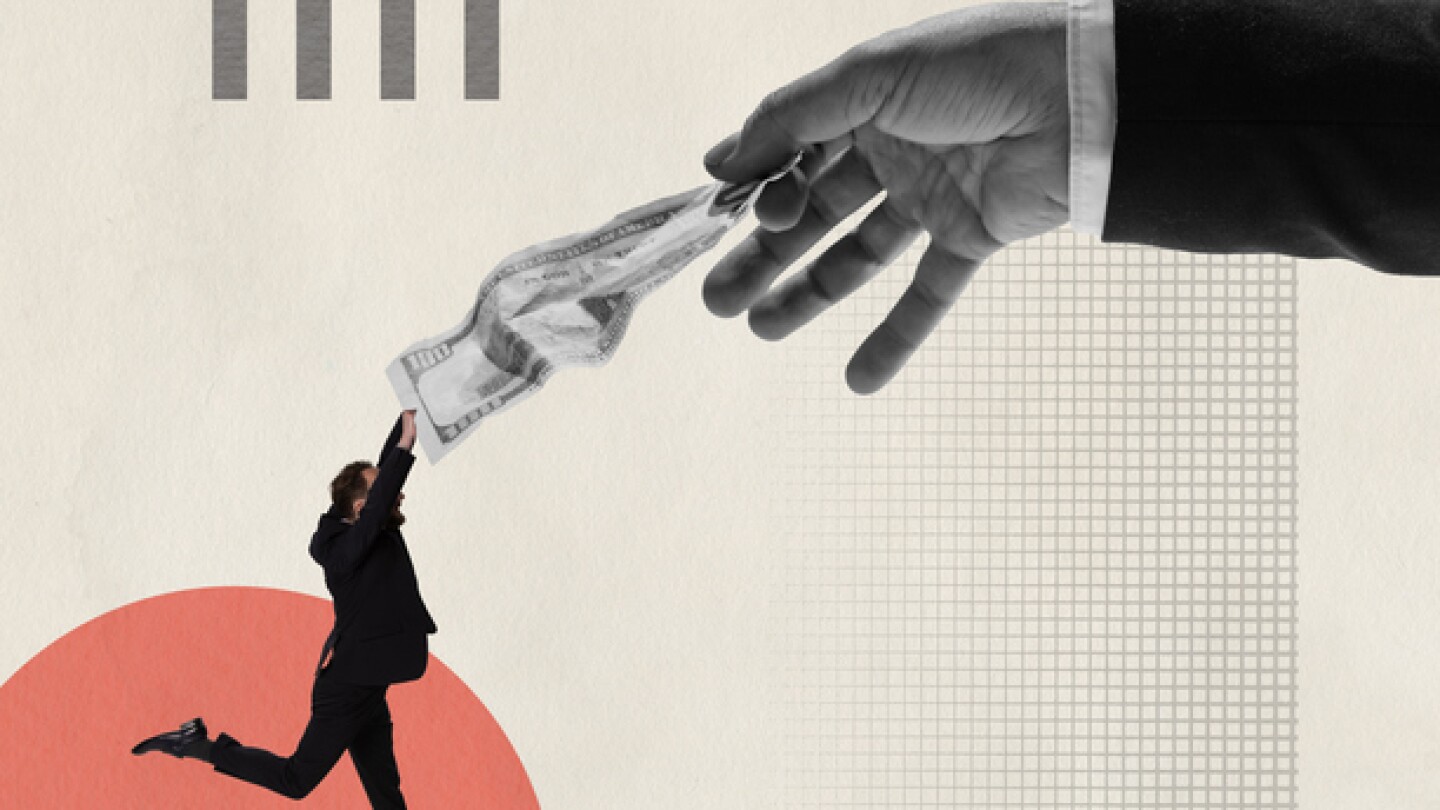 Contemporary art collage. Conceptual image. Businessman catching money given by a hand. In search of profit. Concept of business, economy, financial growth, promotion, following