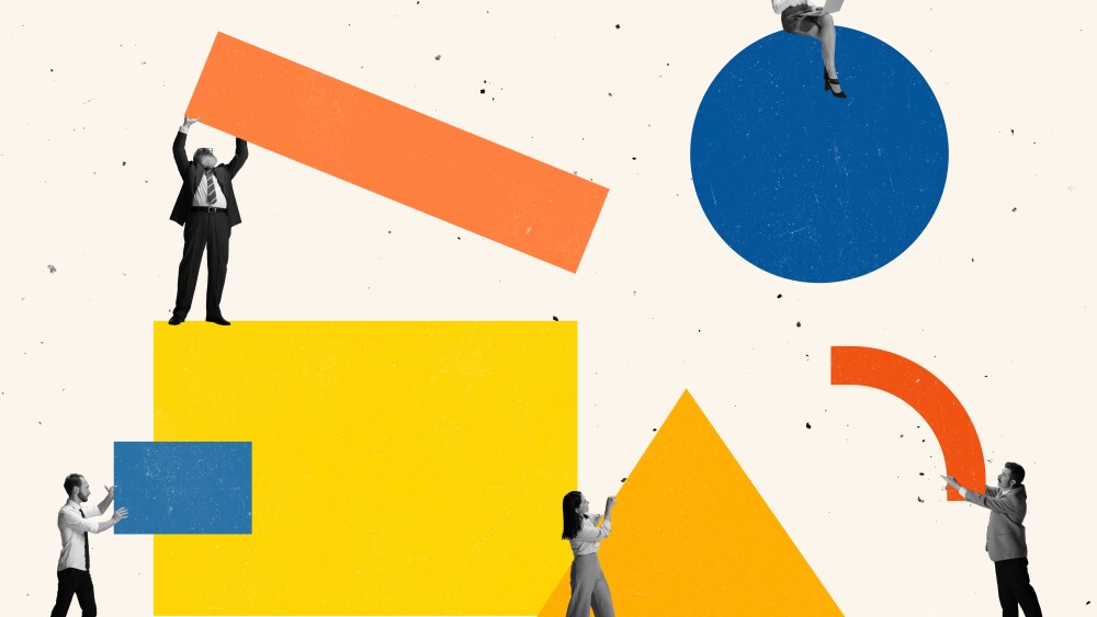 Contemporary art collage of people, employees carrying geometric figures symbolizing team work. Concept of team, business, success, professional growth, career, analytics. Copy space for ad