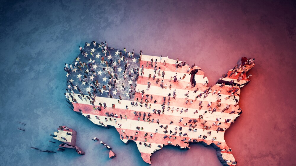 Crowd of people on United States map with American flag design.