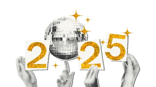 2025 New year art collage trendy sticker or banner template isolated on transparent background. Halftone hands holding disco ball and cut out gold glitter numbers. Modern retro vector illustration
