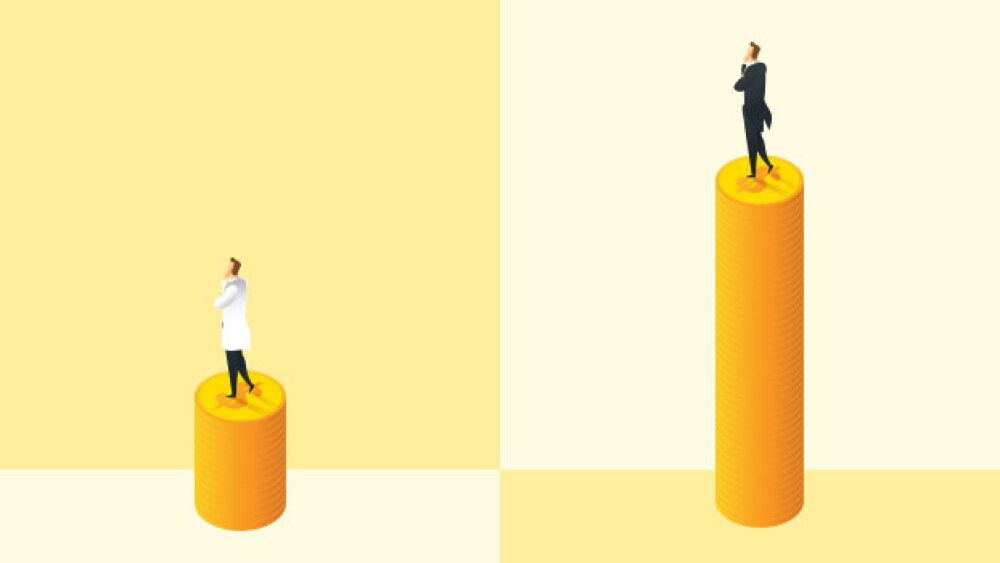 Pictured: A graphic showing figures on opposing coin stacks