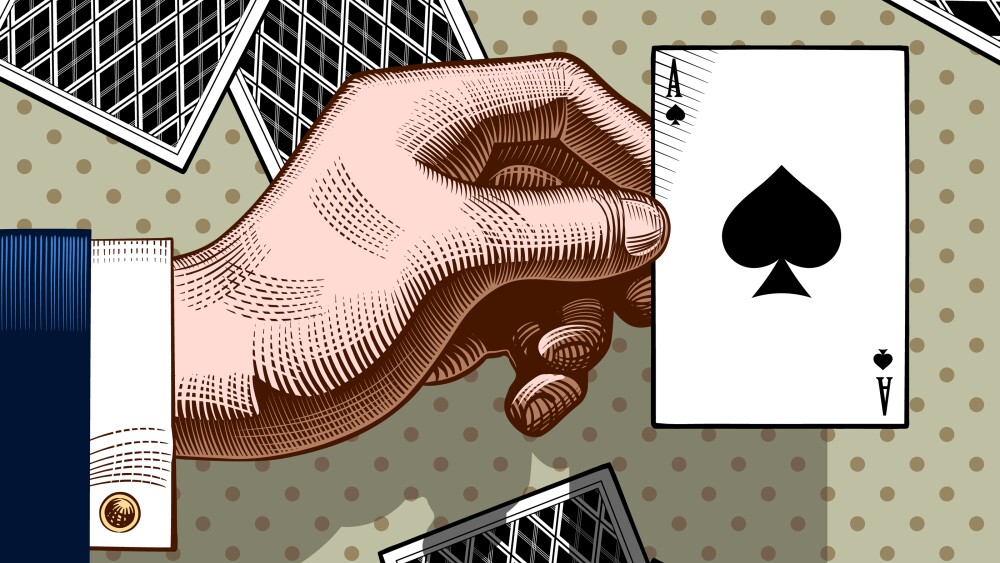 Hand with the ace of Spades playing card. Vintage color engraving stylized drawing. Vector illustration