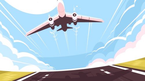Passenger plane takes off from runway. Air transport, vector illustration