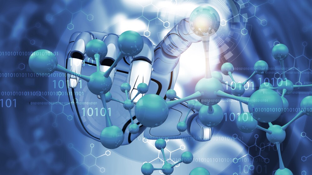Robotic hand touching molecules. 3d illustration f