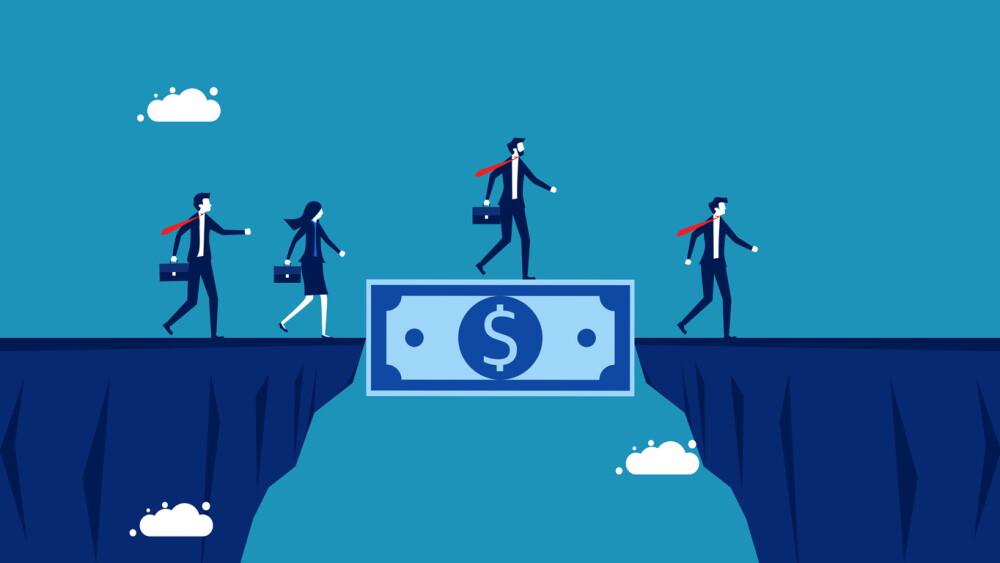 Funds help overcome the financial crisis. Business team crossing banknote bridge vector