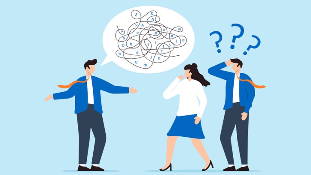 Businessman confuse others with jargon in speech bubble dialogue