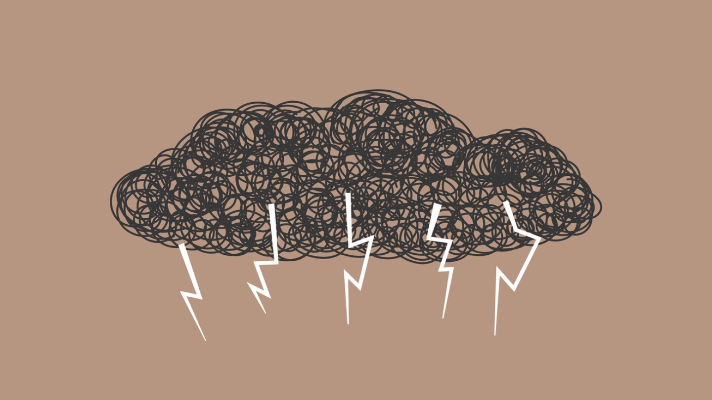 Abstract vector storm clouds with thunder hand drawn chaotic tangle of doodles.Sign bad weather,impending rain and storm,thunder rolls.Symbol stress,depression,psychosis,mental crisis personality,headache after suffering coronavirus.