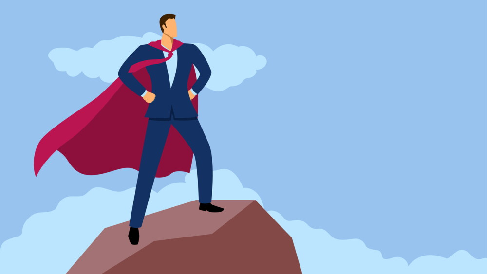 Vector illustration of businessman as a superhero standing on top of a mountain, optimism, confidence in business concept
