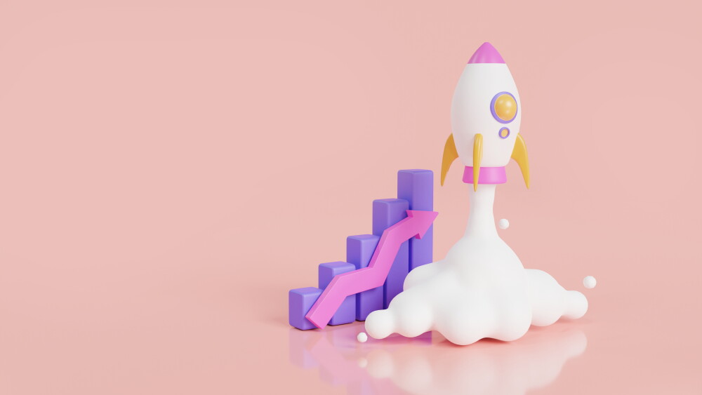 Rocket rising moving up with growthing graph bar. Marketing time, Start up business, Business success strategy, New project. Rocket launch. Business startup concept. 3d minimal render illustration
