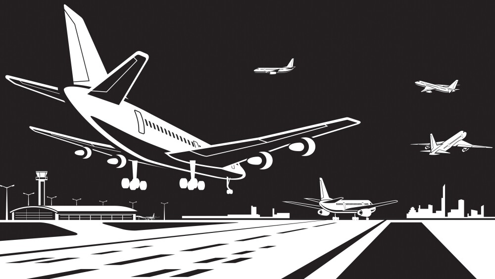 Aircrafts landing and taking off at airport by night - vector illustration