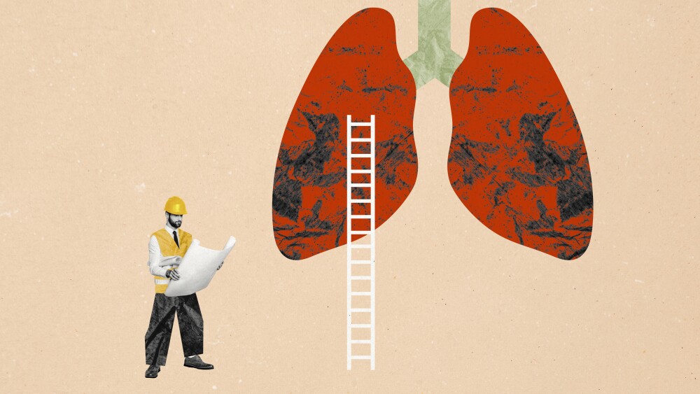 Creative collage image young man builder architect engineer occupation lungs healthcare illness disease drawing background.