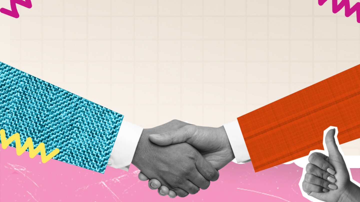 A handshake of businessmen. Modern design with a positive context. Concept of help, support, and agreement between businessmen. Modern art collage, trendy magazine style.