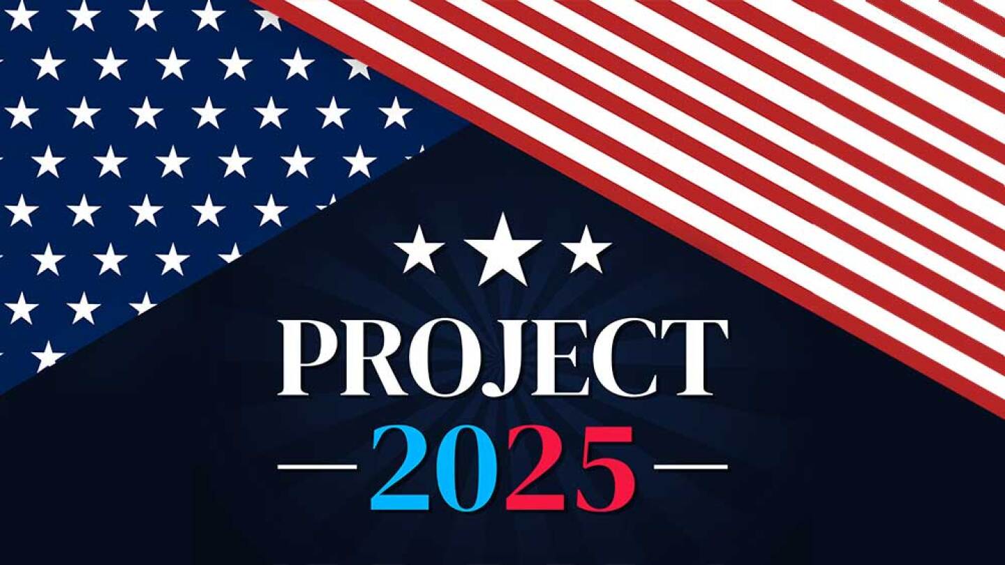 Patriotic Project 2025 backdrop with American flag and colorful typography. Presidential election concept background