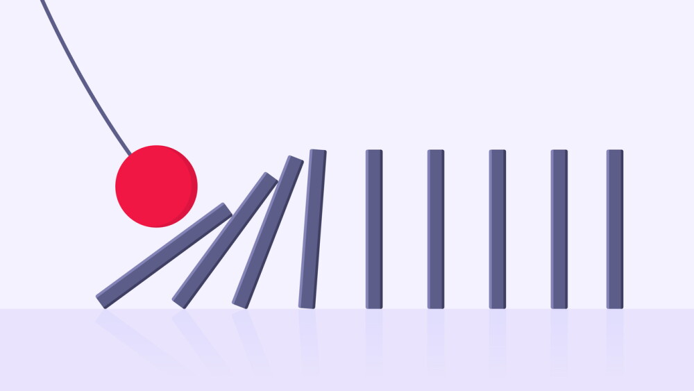Illustration showing big red ball swinging into row of dominoes