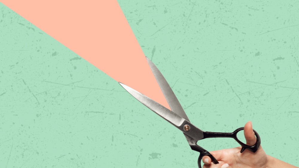 Contemporary art collage of a hand holding scissors. Copy space for ad. Modern design.