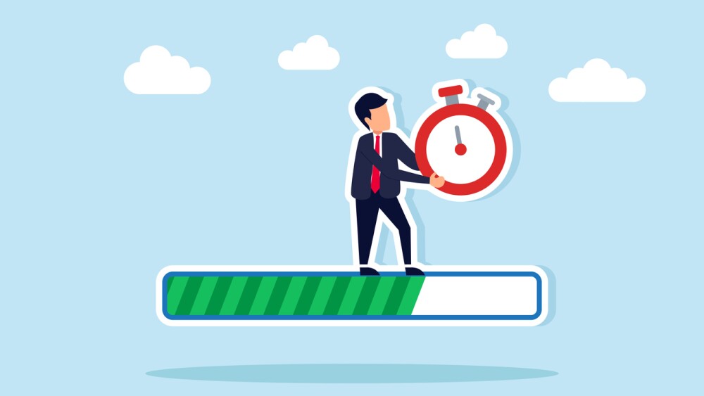Businessman carrying a stopwatch on a progress bar illustrating last minute deadline to complete a business project