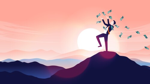 Man reaching the top and having success, throwing cash in air. Being successful in finance concept. Vector illustration