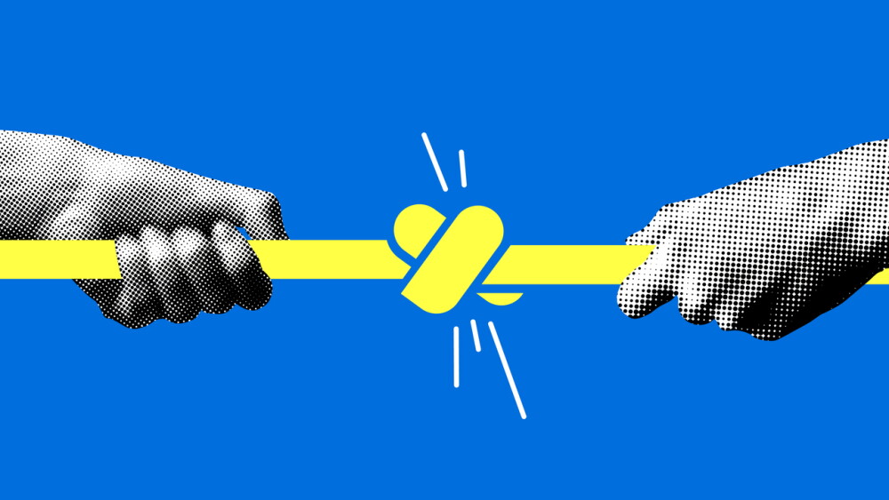 Modern collage with two hands tie a knot in a rope. Tug of war. Two hands pull on a rope with a knot in the middle. Strong connections concept. Successful business deal. Newspaper elements