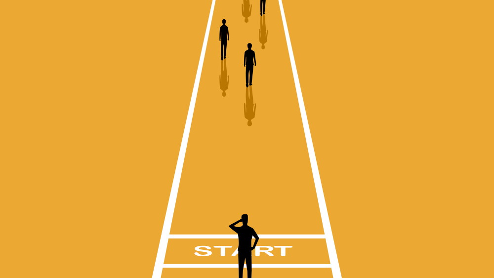 Lagging behind competitors, businessmen stand behind competitors on the race track