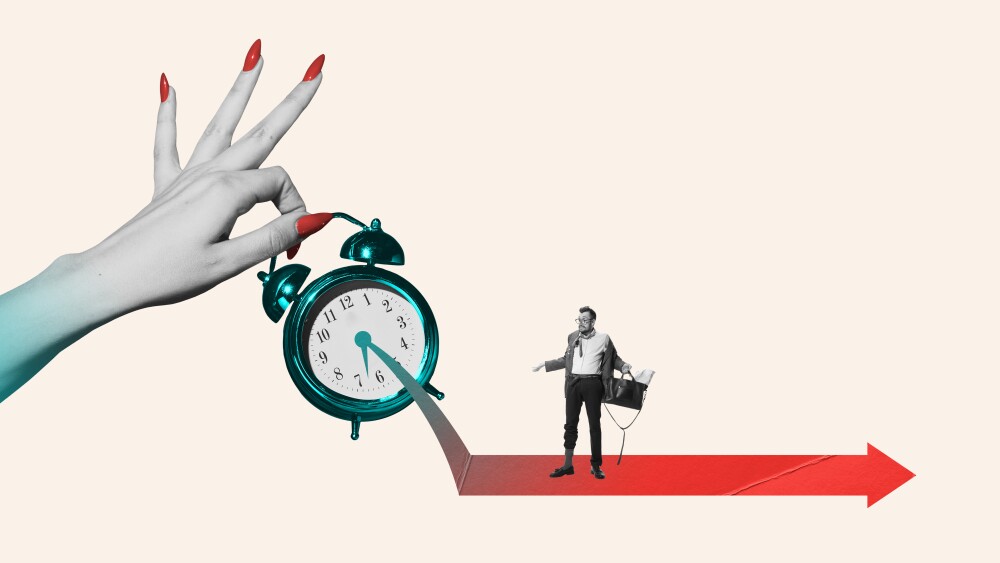 Office worker, employee being late for work, looking untidy. Deadlines and time management. Contemporary art collage. Concept of business, office lifestyle, career, challenges