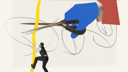 Contemporary art collage. Creative design. Illusion hand cutting rope that man climbing up. Professional challenges and competition. Concept of business, creativity, surrealism, growth, motivation