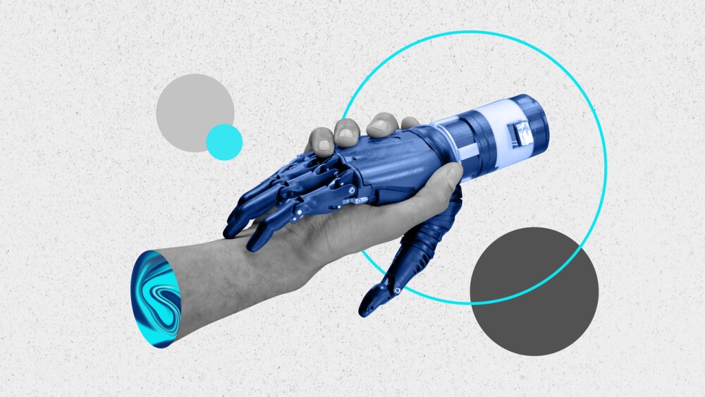 Handshake between man and AI collage. Human and robot hands cropped, isolated on white background. Partnership and teamwork concept, working together.