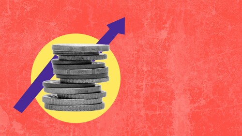 Art collage, coins, and arrow up on the red and paper background. Concept of business and financial growth.