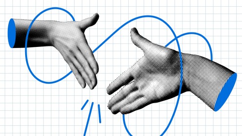 Hands reach out to each other. Handshake. Halftone retro hands. Body parts cut out of newspaper. Hands tied with thread. Shaking hands. Make a deal. Successful agreement. Modern collage