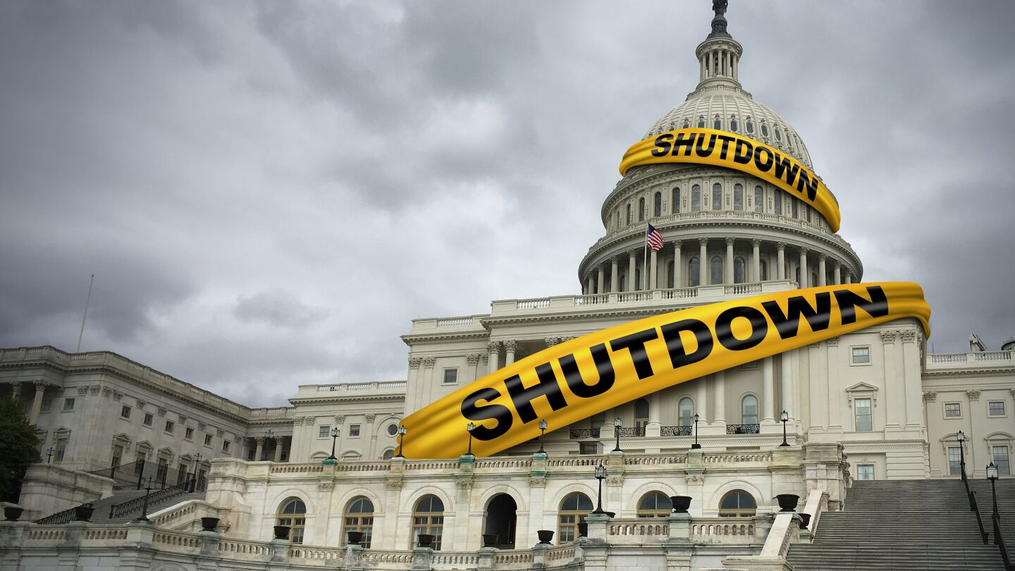 USA shutdown and United States government closed and american federal shut down due to spending bill disagreement between the left and the right pas a national finance symbol with yellow hazard tape in a 3D illustration style.
