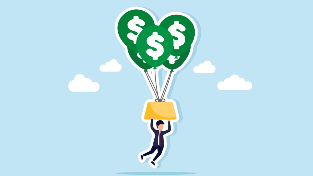 Businessman hanging on gold lifted by dollar balloons illustration of rising gold value and investment growth concept