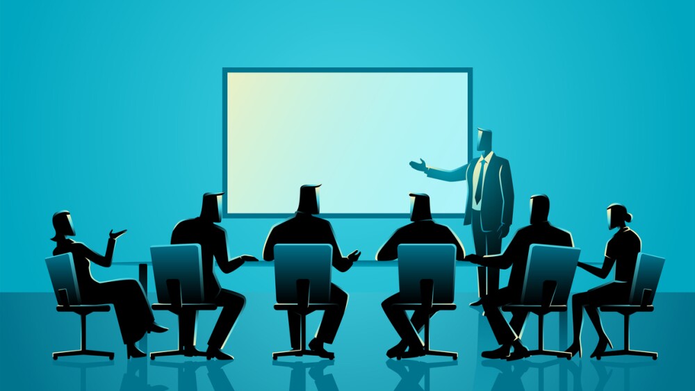 Illustration of a business person giving a presentation in front of a board of directors, vector illustration