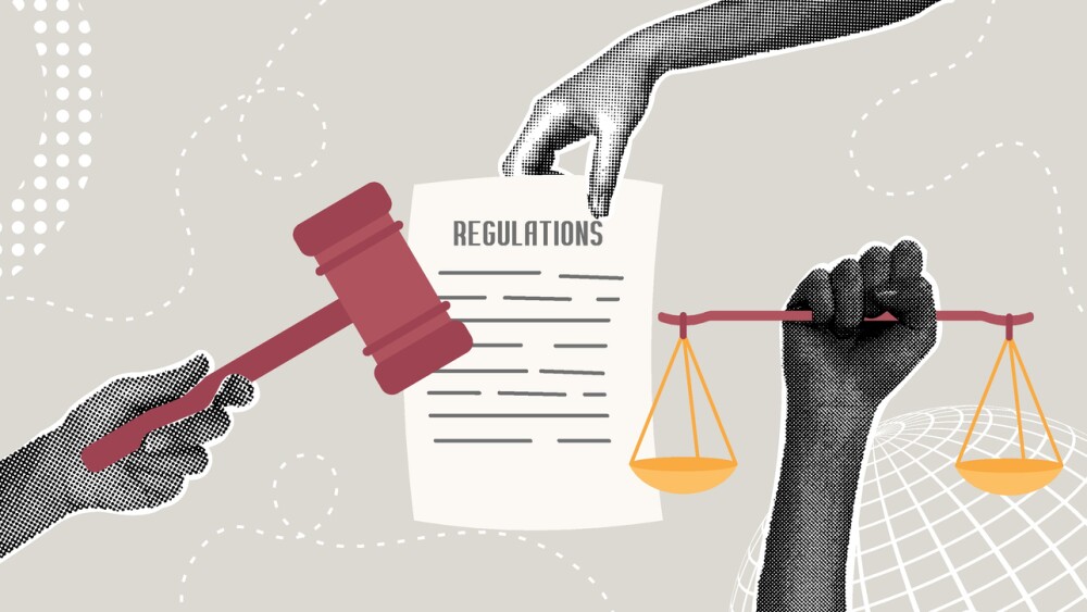 Trendy halftone collage. Legislation concept, regulations, rules, law, authority, legal document, verdict. Hands holding a gavel with scales and regulation document. Vector illustration