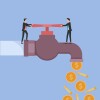 Money coins flow from tap. Cash flow with tiny businessmen open the tap symbol illustration