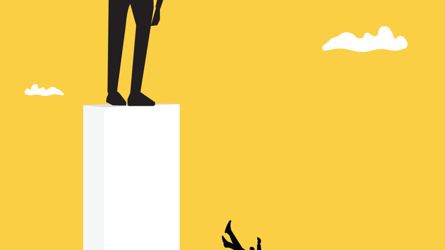Successful businessman standing on the building looking down and man looking up, which pointing up as symbol of achievement, success and developing business in successful way