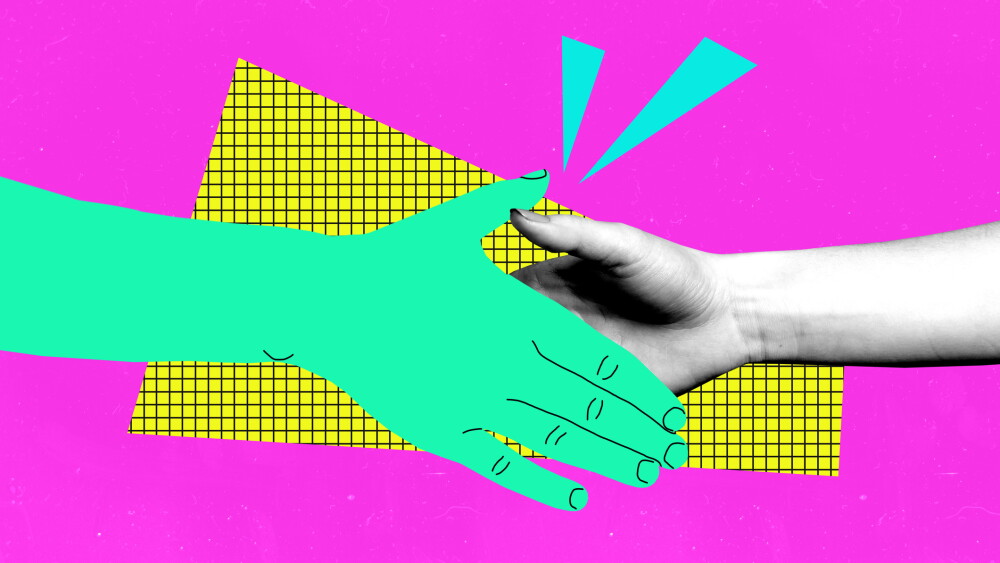 Banner sketch collage of business people handshake gesture approval project development success colleagues cooperation support.