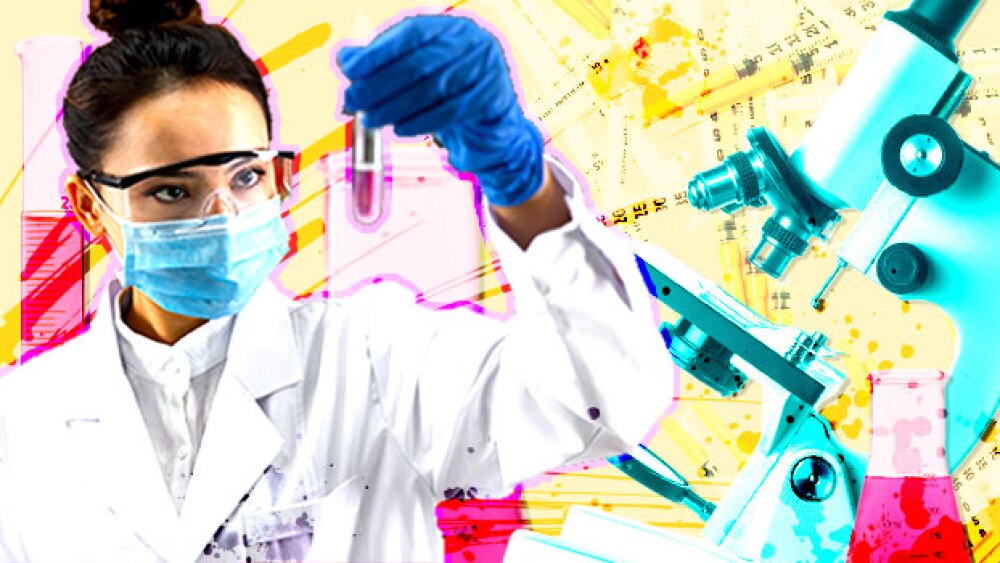 Pictured: Collage of researching scientist, microscope, and various beakers