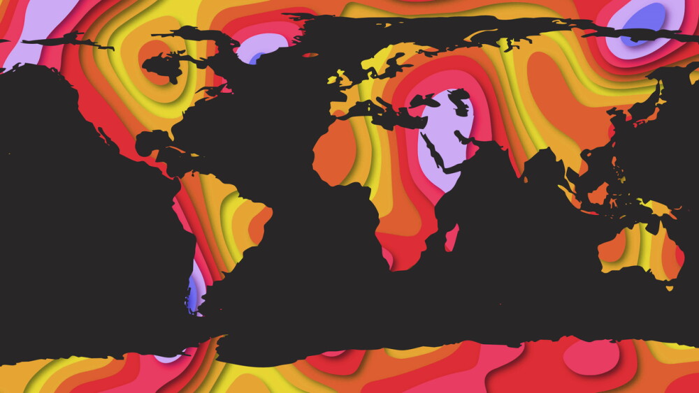 world map with red and orange colors over a dark color illustrations background