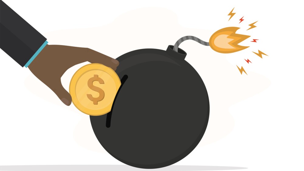 Investor or businessman hand insert dollar coin in giant bomb with burning fuse. Risk and money management. Financial and economic crisis concept. flat vector illustration