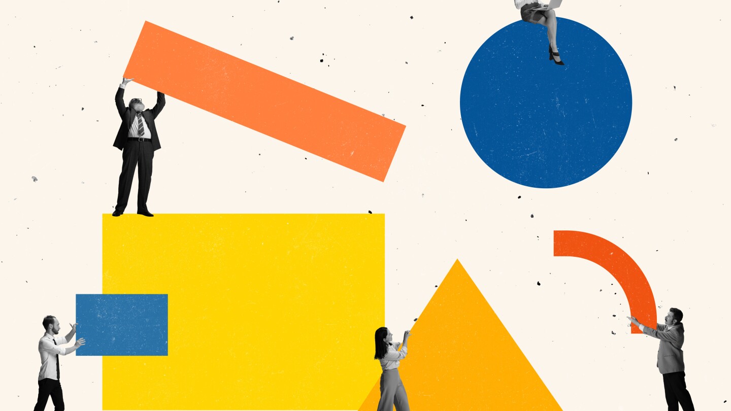 Contemporary art collage of people, employees carrying geometric figures symbolizing team work. Concept of team, business, success, professional growth, career, analytics. Copy space for ad
