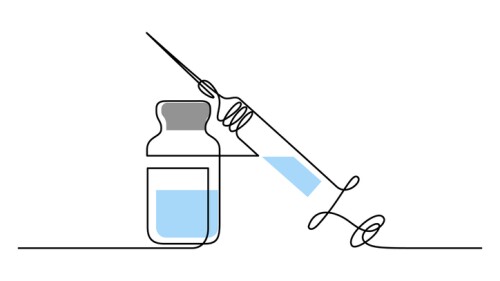 Medical syringe and bottle with liquid drug in continuous line art drawing style. Treatment, immunization and vaccination minimalist design. Vector illustration