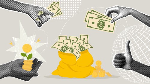 Fashionable halftone collage. Concept of wealth, saving, saving and saving money. Money bag with dollar stacks and stacks of coins. Vector illustration of business and finance for web banner, social media banner, marketing material. Vector illustration