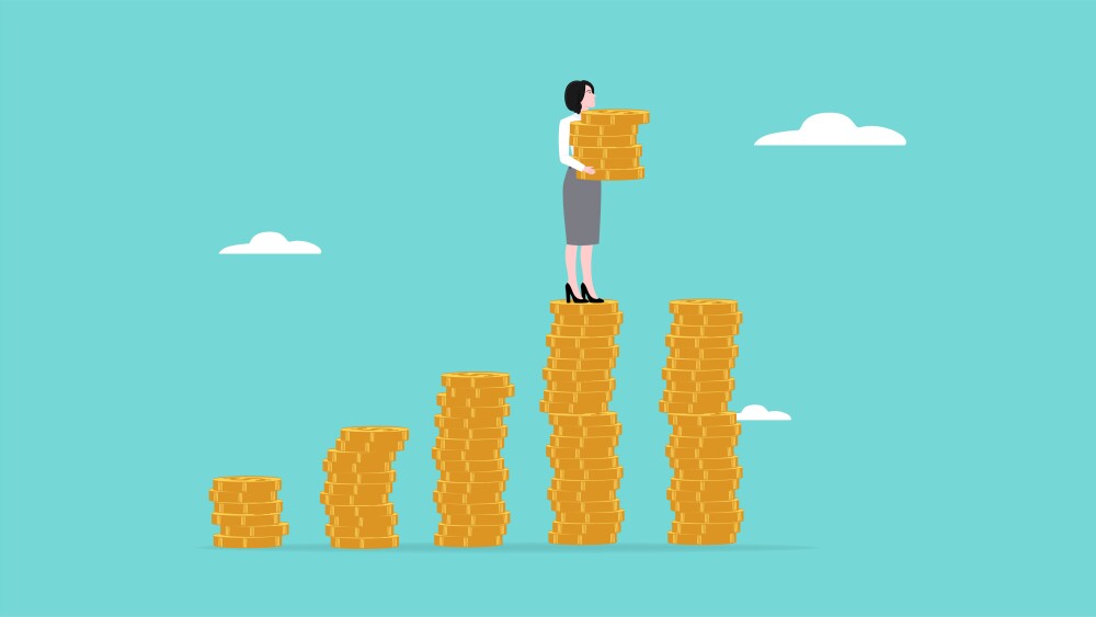 investment compound interest growth, increase in the value of money savings, additional value from capital or investment, business woman investment makes a growth graph using gold money coins