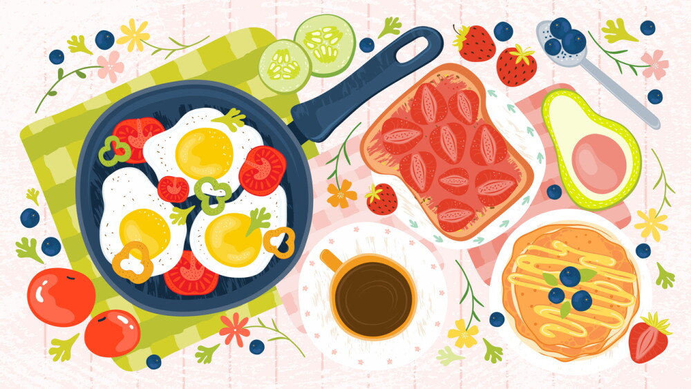 Summer healthy Breakfast - eggs, vegetables, pancakes, coffee, avocado, toast, jam, tomatoes, berries. Hand drawn illustration of a brunch with traditional food on a wooden table. Fresh farm products
