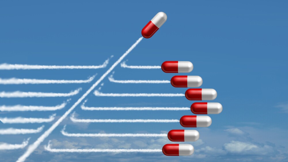 Pharmaceutical research and new medicine biotechnology or revolutionary medication discovery health concept with prescription pill symbols with 3D illustration elements.
